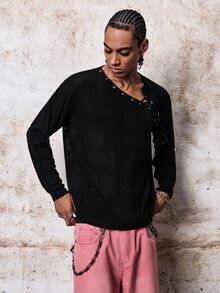 Skyrend Men's Loose Fit Eyelet Lace-Up Design Long Sleeve Sweater, Autumn, Fall Fall/Autumn/Winter Halloween Grunge Holiday Christmans Party - Black - View 4