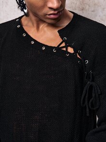 Skyrend Men's Loose Fit Eyelet Lace-Up Design Long Sleeve Sweater, Autumn, Fall Fall/Autumn/Winter Halloween Grunge Holiday Christmans Party - Black - View 8