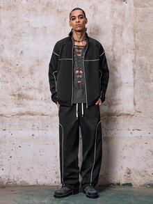 Skyrend طقم رجالي كاجوال موضة الشارع جاكيت بسحاب مع خطوط متباينة وبنطلون طويل بخصر برباط، جرنج - الأسود - مشاهدة 3