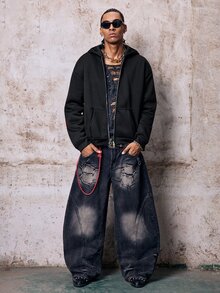 Skyrend 男士白色創意文字圖案刺繡金屬拉鍊連帽衛衣外套，街頭風 Y2K 穿搭，紅色點綴，適合秋冬季 Grunge 風格 - 黑色 - 查看 3