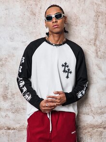 Skyrend Men's Contrast Color Round Neck Raglan Sleeve Long Sleeve T-Shirt With Letter & Cross Print, Suitable For Daily Life, Travel And Vacation Grunge - Black and White - View 2