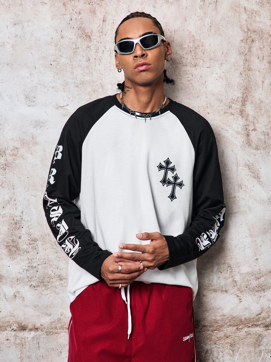 Skyrend Men's Contrast Color Round Neck Raglan Sleeve Long Sleeve T-Shirt With Letter & Cross Print, Suitable For Daily Life, Travel And Vacation Grunge