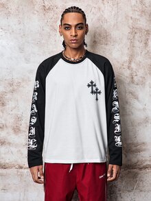 Skyrend Men's Contrast Color Round Neck Raglan Sleeve Long Sleeve T-Shirt With Letter & Cross Print, Suitable For Daily Life, Travel And Vacation Grunge - Black and White - View 9
