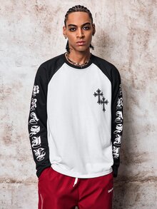 Skyrend Men's Contrast Color Round Neck Raglan Sleeve Long Sleeve T-Shirt With Letter & Cross Print, Suitable For Daily Life, Travel And Vacation Grunge - Black and White - View 7