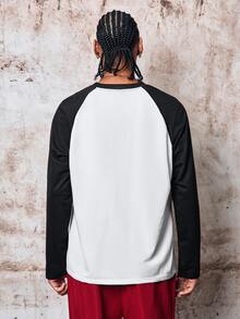 Skyrend Men's Contrast Color Round Neck Raglan Sleeve Long Sleeve T-Shirt With Letter & Cross Print, Suitable For Daily Life, Travel And Vacation Grunge - Black and White - View 3