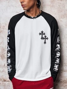 Skyrend Men's Contrast Color Round Neck Raglan Sleeve Long Sleeve T-Shirt With Letter & Cross Print, Suitable For Daily Life, Travel And Vacation Grunge - Black and White - View 11