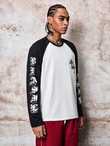 Skyrend Men's Contrast Color Round Neck Raglan Sleeve Long Sleeve T-Shirt With Letter & Cross Print, Suitable For Daily Life, Travel And Vacation Grunge - Black and White - View 6