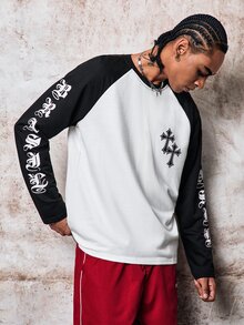 Skyrend Men's Contrast Color Round Neck Raglan Sleeve Long Sleeve T-Shirt With Letter & Cross Print, Suitable For Daily Life, Travel And Vacation Grunge - Black and White - View 10