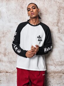 Skyrend Men's Contrast Color Round Neck Raglan Sleeve Long Sleeve T-Shirt With Letter & Cross Print, Suitable For Daily Life, Travel And Vacation Grunge - Black and White - View 8