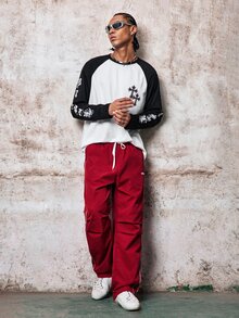 Skyrend Men's Contrast Color Round Neck Raglan Sleeve Long Sleeve T-Shirt With Letter & Cross Print, Suitable For Daily Life, Travel And Vacation Grunge - Black and White - View 4