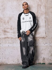 Skyrend 男士對比色圓領插肩袖長袖T恤，字母與圖標印花，適合日常穿著、外出、度假與旅行，假日頹廢風 - 黑與白 - 查看 7