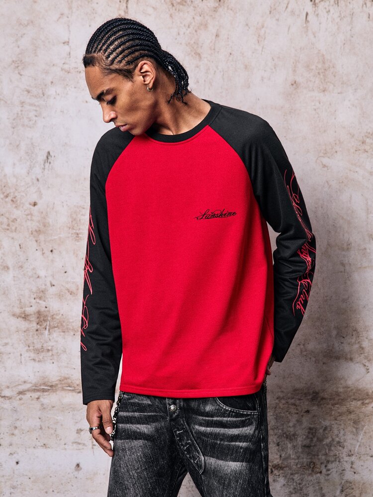 Skyrend Men's Long Sleeve Crew Neck T-Shirt, Black And White Color Block, Raglan Sleeve, Handwritten English Print, Loose Fit Grunge Holiday Christmans Party - Multicolor - View 5