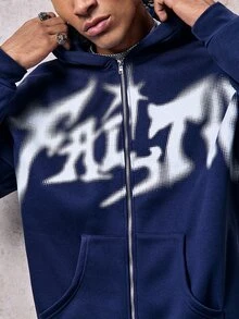 Skyrend 男士字母印花長袖拉鍊連帽衛衣 秋冬款 頹廢風 - 藏蓝色 - 查看 1