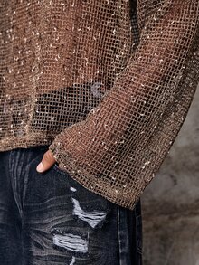 Skyrend Men's Round Neck Long Sleeve Knit Mesh T-Shirt, Suitable For Spring And Summer Daily Casual Life, Travel And Vacation Wear, Holiday Grunge - Mocha Brown - View 9