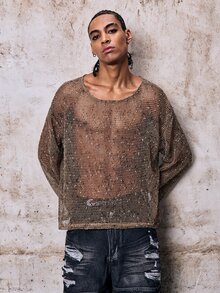 Skyrend Men's Round Neck Long Sleeve Knit Mesh T-Shirt, Suitable For Spring And Summer Daily Casual Life, Travel And Vacation Wear, Holiday Grunge - Mocha Brown - View 6
