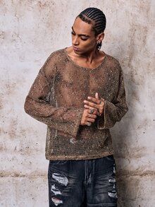 Skyrend Men's Round Neck Long Sleeve Knit Mesh T-Shirt, Suitable For Spring And Summer Daily Casual Life, Travel And Vacation Wear, Holiday Grunge - Mocha Brown - View 4