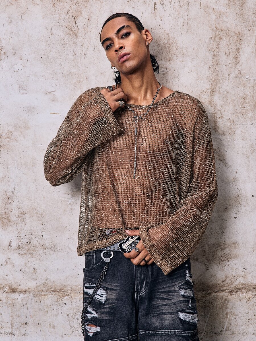 Skyrend Men's Round Neck Long Sleeve Knit Mesh T-Shirt, Suitable For Spring And Summer Daily Casual Life, Travel And Vacation Wear, Holiday Grunge - Mocha Brown - View 1