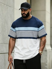 Manfinity Homme Men's Plus Size Contrast Color Striped Short Sleeve T-Shirt - Multicolor - View 3