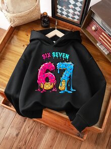 SHEIN 秋冬季青少年女孩休閒街頭風黑色 67 糖果珠字母圖案印花舒適衛衣 日常舒適穿搭 Herbst Outfit - 黑色 - 查看 4