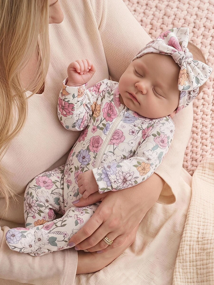 Cozy Pixies Romper Bayi Perempuan Baru Lahir Motif Bunga Rajut Lembut Leher Bulat Lengan Panjang - MultiWarna - View 1