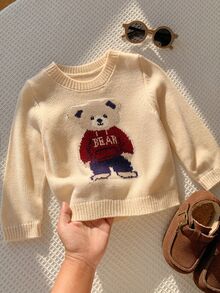 SHEIN 男嬰女嬰秋冬休閒可愛熊圖案針織毛衣 嬰兒幼兒毛衣 - 彩色 - 查看 3