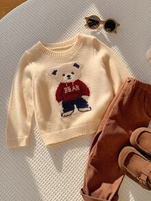 SHEIN 男嬰女嬰秋冬休閒可愛熊圖案針織毛衣 嬰兒幼兒毛衣 - 彩色 - 查看 5