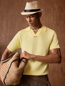 SIGLOCORE 男士素色 Polo 領短袖休閒針織上衣，度假、父親節禮物 - 黃色 - 查看 3