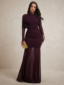 Silquee Women's Mesh Pleated Elegant Waist-Cinching Party Dinner Dress Wedding Dark Purple Autumn - Bold Plum - View 4