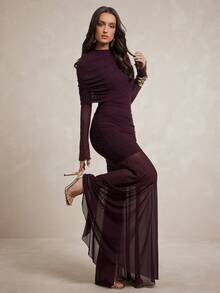 Silquee Women's Mesh Pleated Elegant Waist-Cinching Party Dinner Dress Wedding Dark Purple Autumn - Bold Plum - View 1