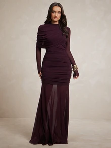 Silquee Women's Mesh Pleated Elegant Waist-Cinching Party Dinner Dress Wedding Dark Purple Autumn - Bold Plum - View 3