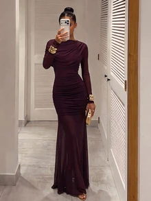 Silquee Women's Mesh Pleated Elegant Waist-Cinching Party Dinner Dress Wedding Dark Purple Autumn - Bold Plum - View 9