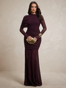 Silquee Women's Mesh Pleated Elegant Waist-Cinching Party Dinner Dress Wedding Dark Purple Autumn - Bold Plum - View 5