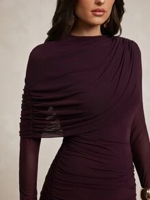 Silquee Women's Mesh Pleated Elegant Waist-Cinching Party Dinner Dress Wedding Dark Purple Autumn - Bold Plum - View 7