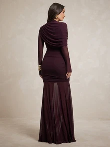 Silquee Women's Mesh Pleated Elegant Waist-Cinching Party Dinner Dress Wedding Dark Purple Autumn - Bold Plum - View 2