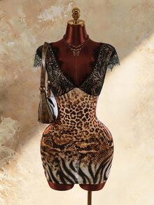 Amplova Women's Contrast Lace Leopard & Snake Print Fitted Sexy Mini Dress - Brown - View 9