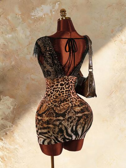 Amplova Women's Contrast Lace Leopard & Snake Print Fitted Sexy Mini Dress
