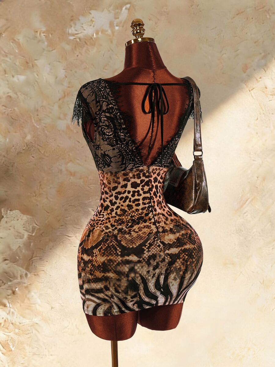 Amplova Women's Contrast Lace Leopard & Snake Print Fitted Sexy Mini Dress - Brown - View 1