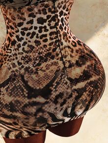 Amplova Women's Contrast Lace Leopard & Snake Print Fitted Sexy Mini Dress - Brown - View 8