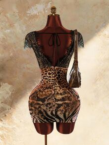 Amplova Women's Contrast Lace Leopard & Snake Print Fitted Sexy Mini Dress - Brown - View 5