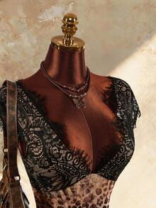 Amplova Women's Contrast Lace Leopard & Snake Print Fitted Sexy Mini Dress - Brown - View 2