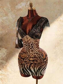 Amplova Women's Contrast Lace Leopard & Snake Print Fitted Sexy Mini Dress - Brown - View 3