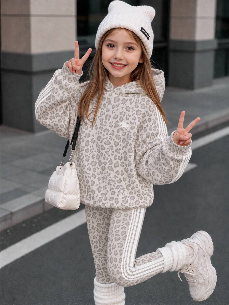 SHEIN 復古時尚豹紋拼色條紋少女休閒寬鬆連帽長袖衛衣與修身長褲兩件套,適合秋冬日常、外出、校園、運動、返校 - 彩色 - 查看 1