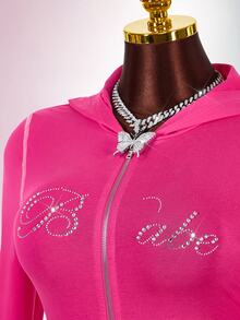 Amplova Rhinestone Letter Front Zipper Hooded Cropped Top & Mini Shorts Women's 2 Pieces Set - Hot Pink - View 7