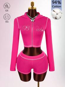 Amplova Rhinestone Letter Front Zipper Hooded Cropped Top & Mini Shorts Women's 2 Pieces Set - Hot Pink - View 6