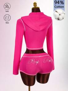Amplova Rhinestone Letter Front Zipper Hooded Cropped Top & Mini Shorts Women's 2 Pieces Set - Hot Pink - View 5