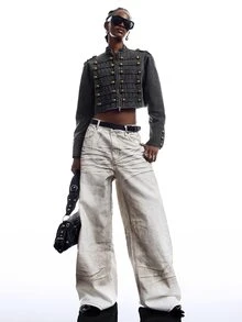 LYSMO Women's Spring/Autumn Fashion Vintage Cropped Jacket - Grey - View 6