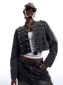 LYSMO Women's Spring/Autumn Fashion Vintage Cropped Jacket - Grey - View 9