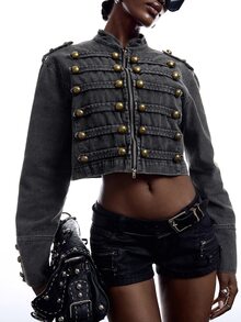 LYSMO Women's Spring/Autumn Fashion Vintage Cropped Jacket - Grey - View 8