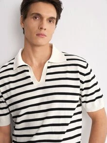 RONVEXI 男士條紋短袖針織上衣，適合假期節慶、秋季街頭穿搭與冬季 - 黑與白 - 查看 6