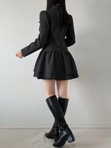 FRIFUL Women's Elegant Button Long Sleeve Blazer Jacket Fashion Fall - Grey - View 2